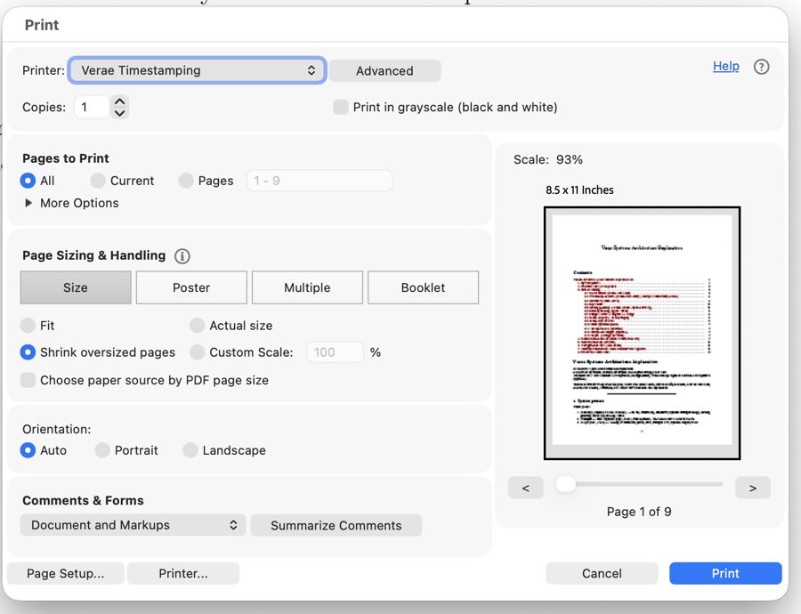Print dialog with Verae Timestamping selected as the printer